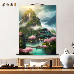 仙家堂口山水画仙堂佛堂背景东北堂屋风水画客厅玄关供奉丝绸挂画