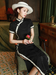 黑色旗袍2023年新款夏季改良复古高级感长款气质民国中国风连衣裙