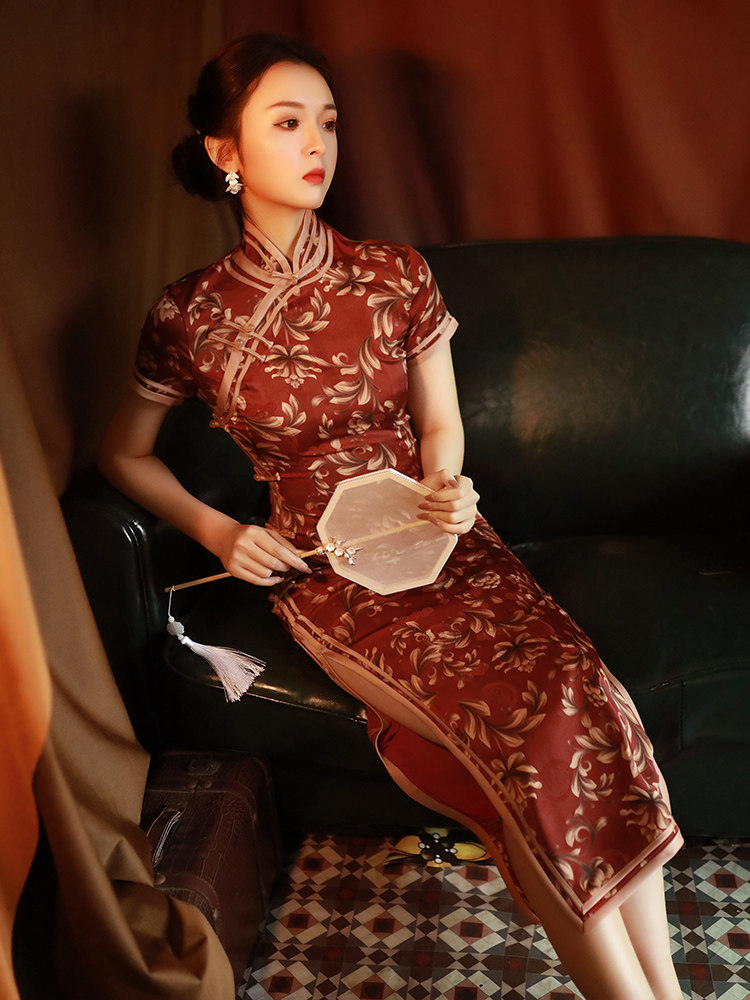 红色旗袍长款夏季2021年新款民国风复古优雅老上海日常改良连衣裙