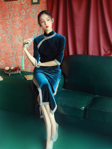老上海复古名媛旗袍少女长款丝绒中国风年轻款优雅气质连衣裙秋装