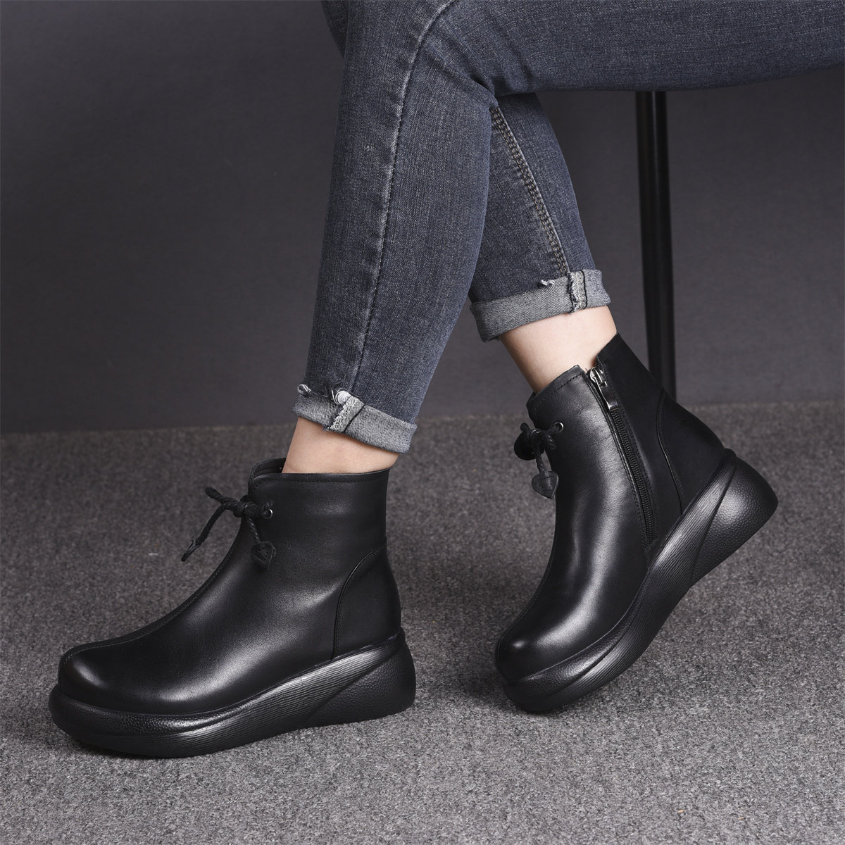 女士真皮短靴头层牛皮