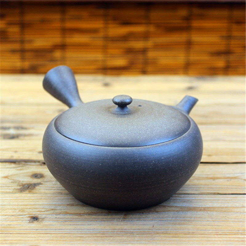 日本常滑烧 水野博司作 石质感扁圆形日式横手侧把泡茶急须茶壶