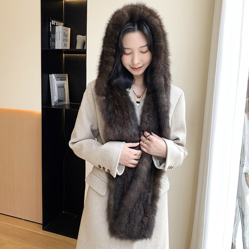 例曲 奢华紫貂毛编织皮草风雪帽  帽子围巾一体女士保暖裘皮围巾
