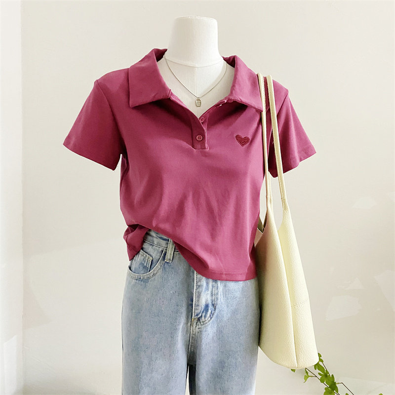 梅子色polo衫短袖t恤女夏2022新短款设计感爱心刺绣翻领体恤上衣