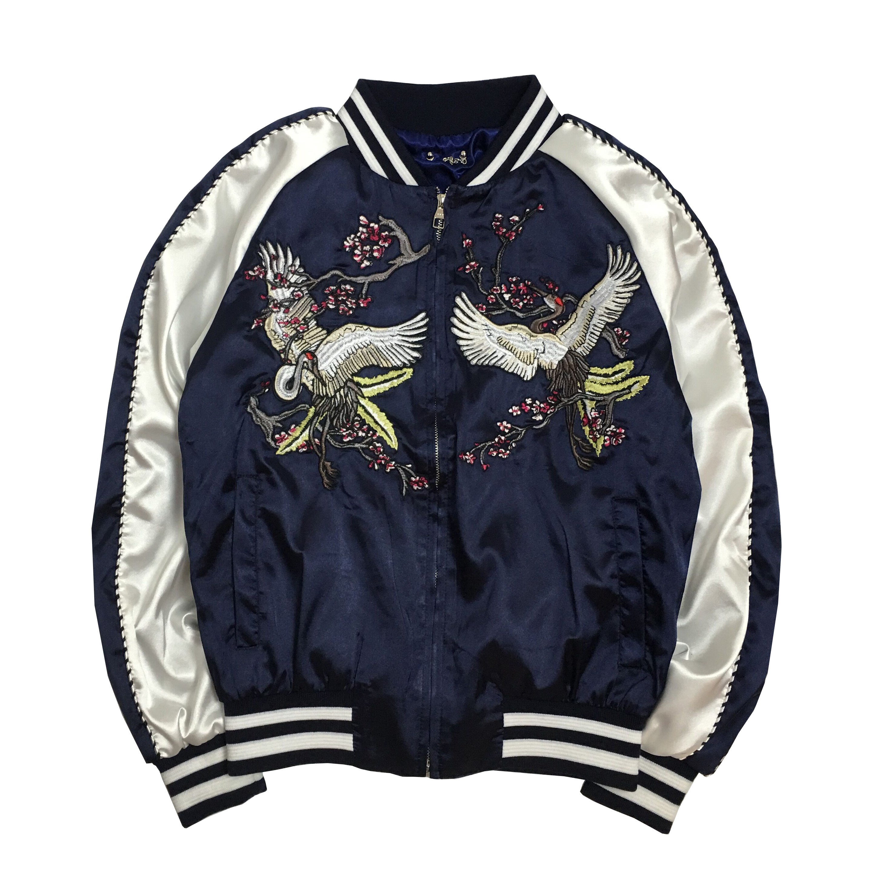 仙鹤刺绣棒球服男横须贺缎面复古撞色大码夹克bf风情侣外套潮优惠券