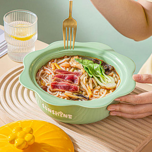 韩式卡通陶瓷碗餐具泡面碗家用双耳汤碗学生宿舍带盖方便面大容量