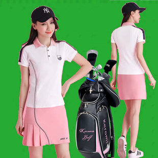 高尔夫球服装女短袖T恤套装 夏款golf衣服女装防走光短裙裤两件套