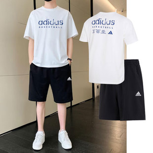 阿迪达斯运动套装男夏季白色纯棉短袖字母T恤梭织速干短裤两件套