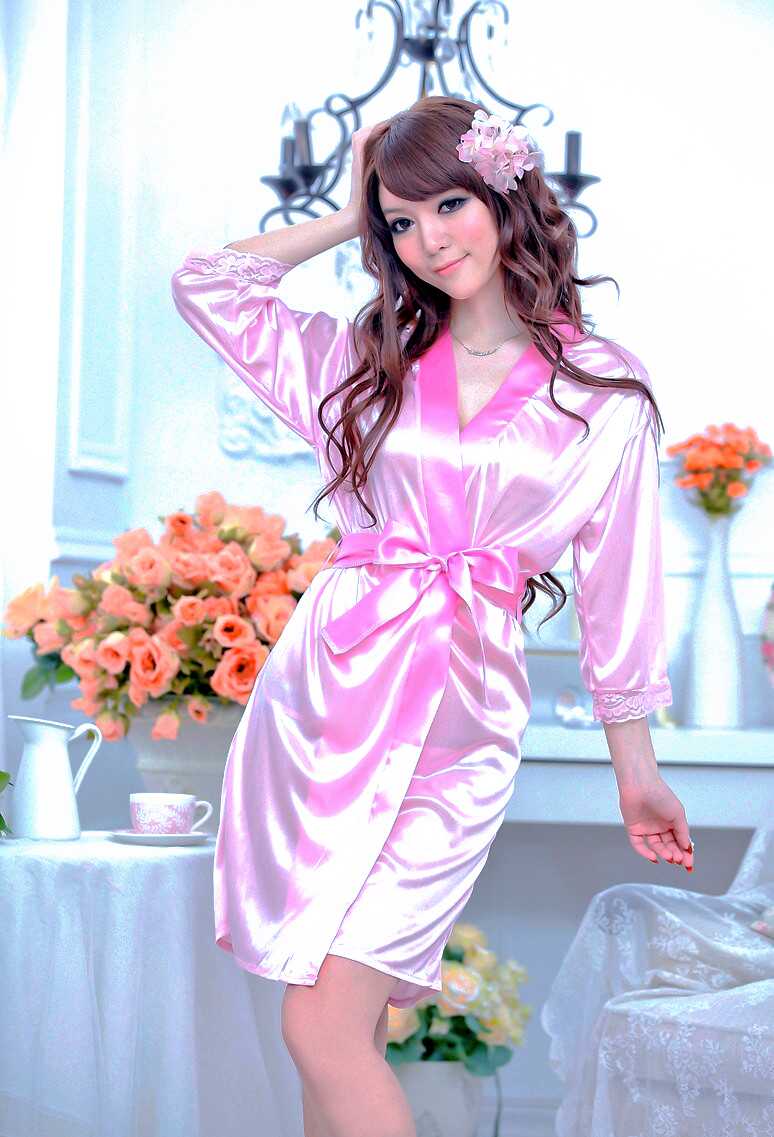 性感睡衣女纯色粉色冰丝情趣和服睡裙超薄三点式睡袍浴袍套装春夏