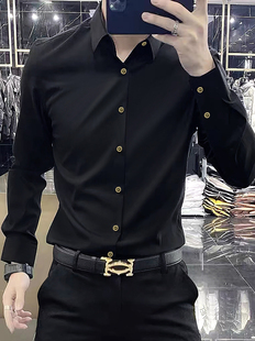 高端轻奢免烫垂感衬衫长袖男士休闲修身弹力商务黑色衬衣薄款