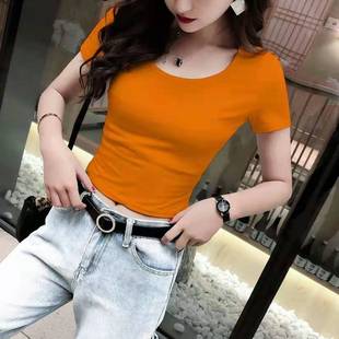 橙色圆领短款t恤女短袖夏季纯棉紧身小个子修身显瘦高腰露脐上衣