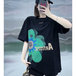 韩系花朵印花T恤女设计感短袖2024夏季新款宽松百搭洋气减龄上衣