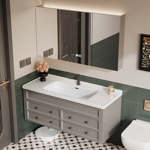 新客减法式陶瓷一体盆浴室柜组合橡木烤漆卫生间洗漱台岩板无缝洗