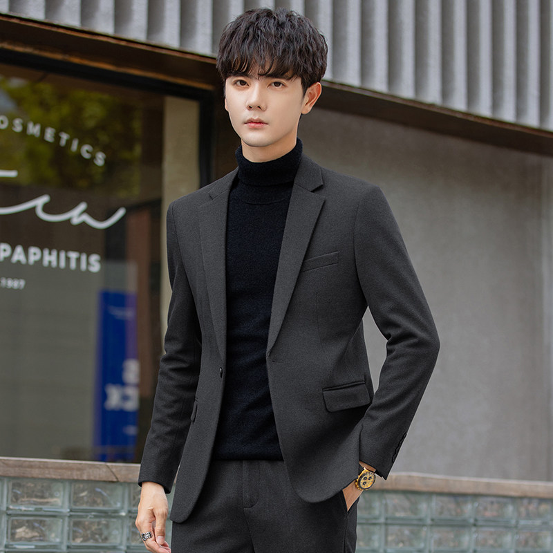 冬季加厚休闲西装套装男士毛呢子小西服上衣外套韩版修身潮流纯色