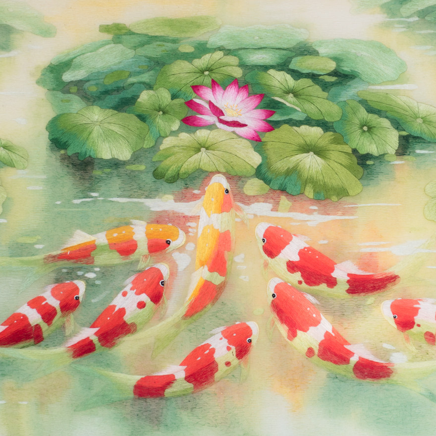 纯手工真丝 精品苏绣挂画《九鱼戏莲》刺绣