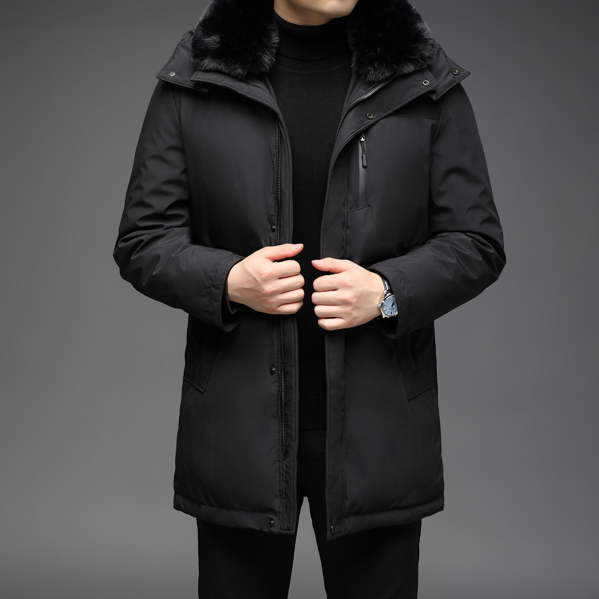 中长款男装羽绒服冬新款保暖白鸭绒男连帽外套xz307k9858ap330