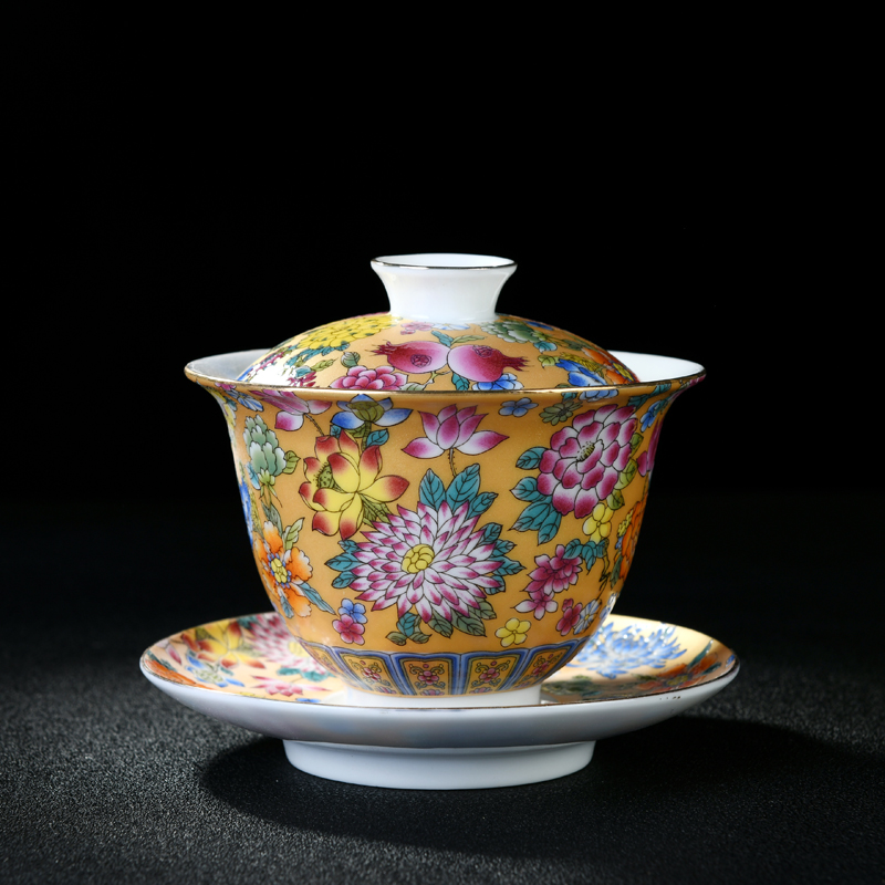 宫廷风陶瓷珐琅彩盖碗茶杯泡茶三才盖碗单个不烫手敬茶碗功夫茶具