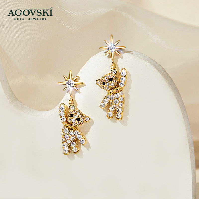 agovski可爱小熊耳环女网红耳坠高级感轻奢耳饰品2021年新款耳钉