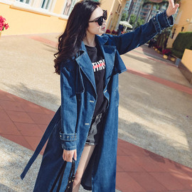 牛仔时髦过膝上衣中长款oversize2019春秋女新款百搭腰带风衣外套