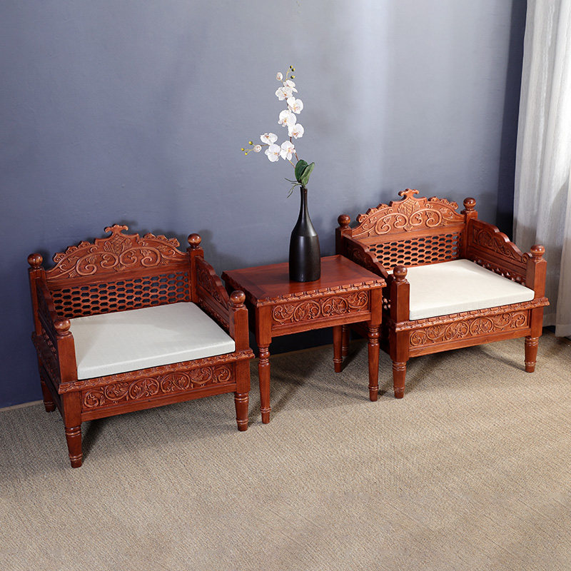 异丽东南亚风格全实木沙发组合泰式复古禅意泰国老榆木雕花家具