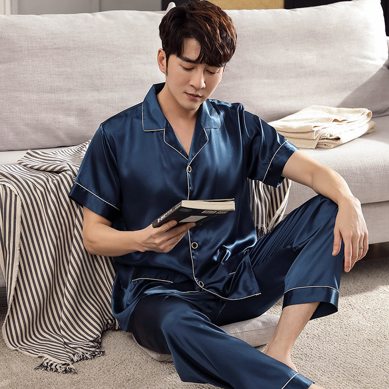 丝绸睡衣男士夏季冰丝短袖中年爸爸家居服夏天薄款仿真丝大码套装