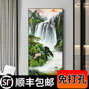 新中式玄关装饰画鸿运当头竖版客厅墙面山水挂画走廊尽头玄幻壁画