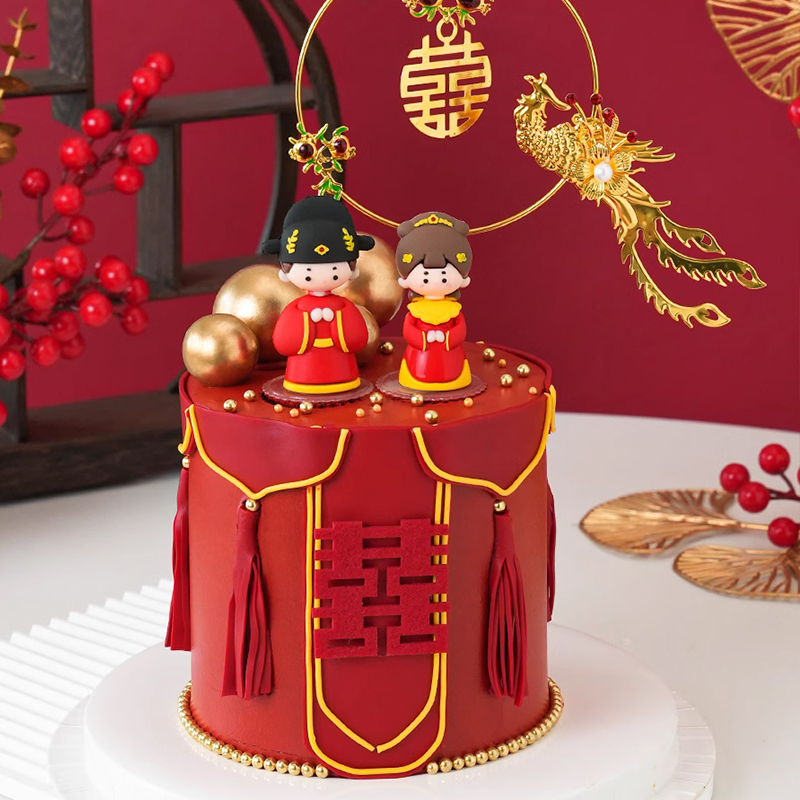 新中式古风订婚蛋糕装饰新郎新娘摆件