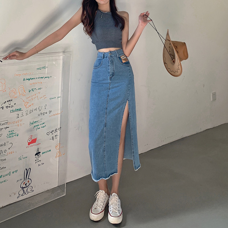 现货#高腰侧开叉牛仔半身裙女夏季2021显瘦a字网红包臀长裙子