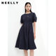 NEELLY纳俪商场同款圆领连衣裙女中长款松紧收腰简约A字大摆裙夏
