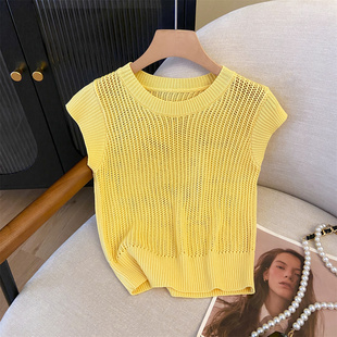 法式短款黄色镂空冰丝针织短袖T恤女夏季韩系绝美上衣女