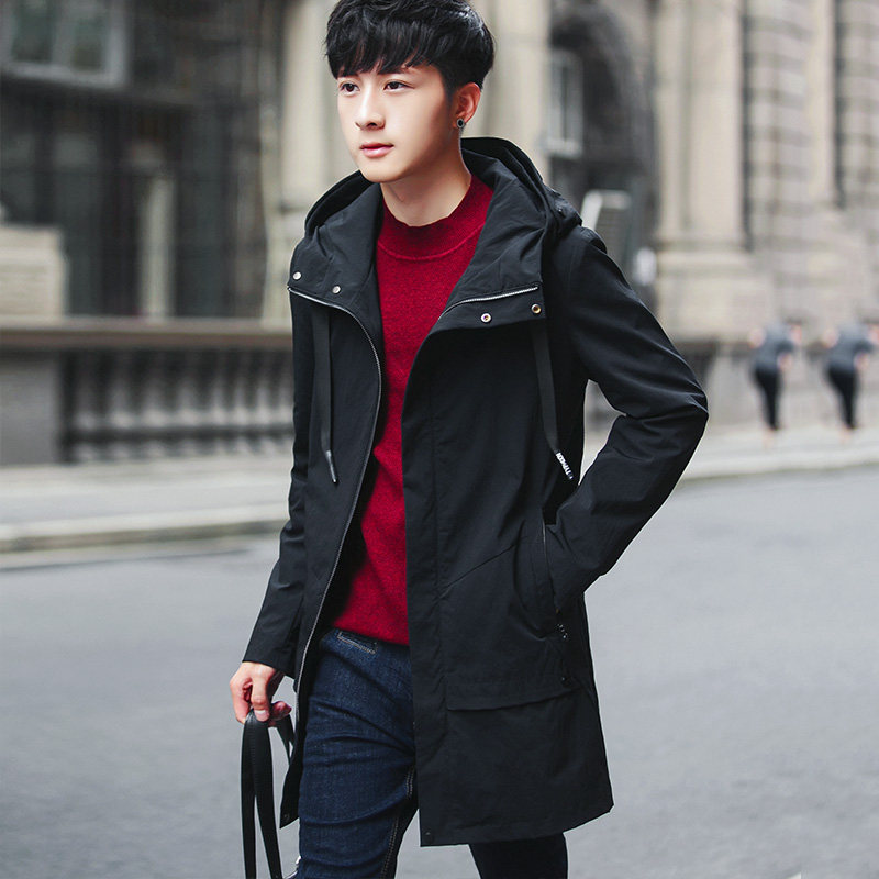 男士外套鼕季2017新款加絨加厚風衣男中長款青年帥氣個性潮男夾克