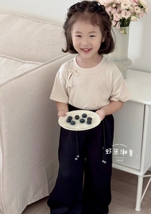 安格小镇女童夏季套装儿童纯棉中式短袖T恤中国风盘扣上衣新款潮