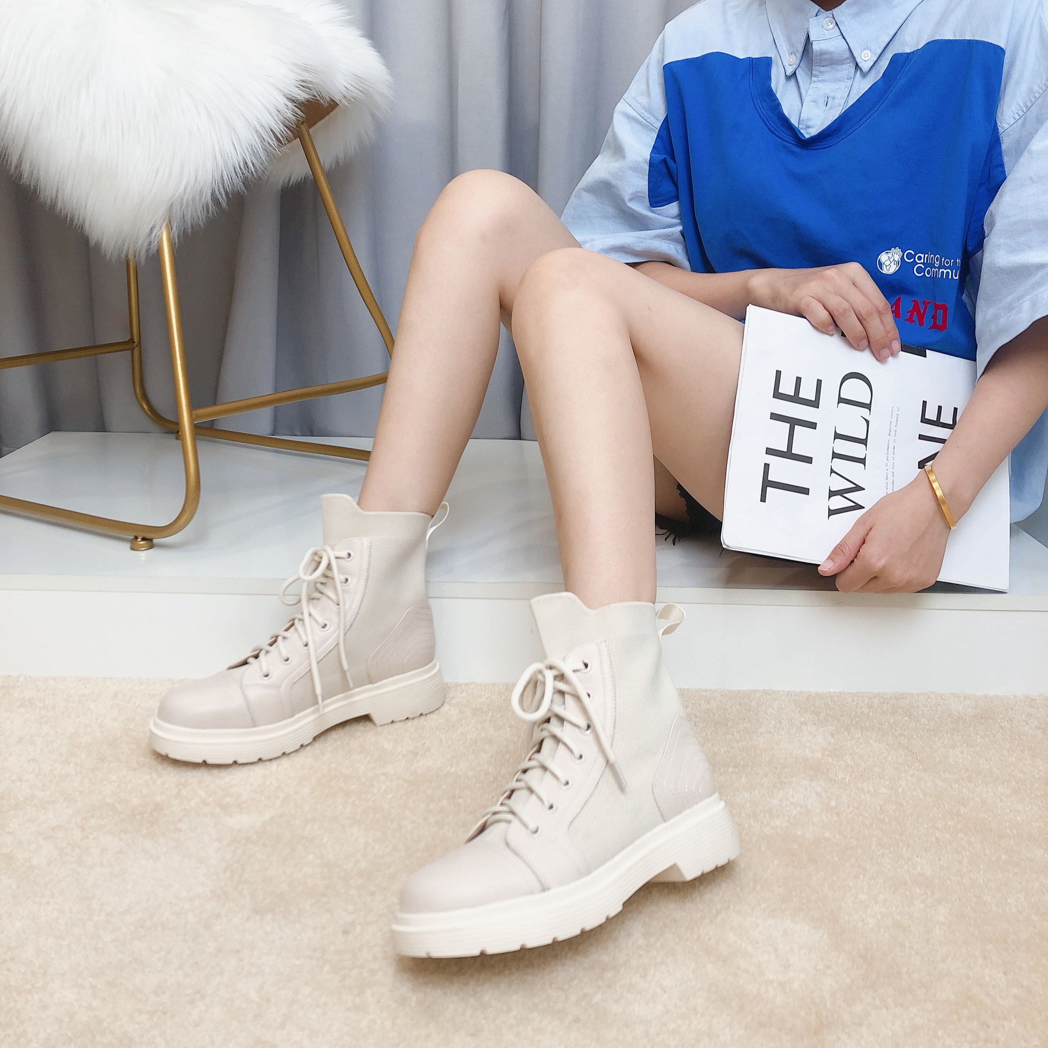 喜雀皇白色马丁靴女明星同款2020新款弹力织物拼接透气短靴显腿长