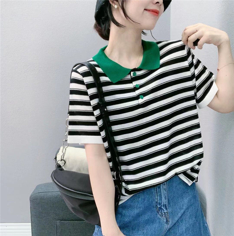 2021夏薄款韩版小翻领条纹针织衫女欧货宽松气质短袖t恤套头上衣
