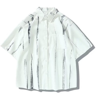 日系简约条纹扎染短袖衬衫男生夏季白色休闲潮牌宽松百搭半袖衬衣