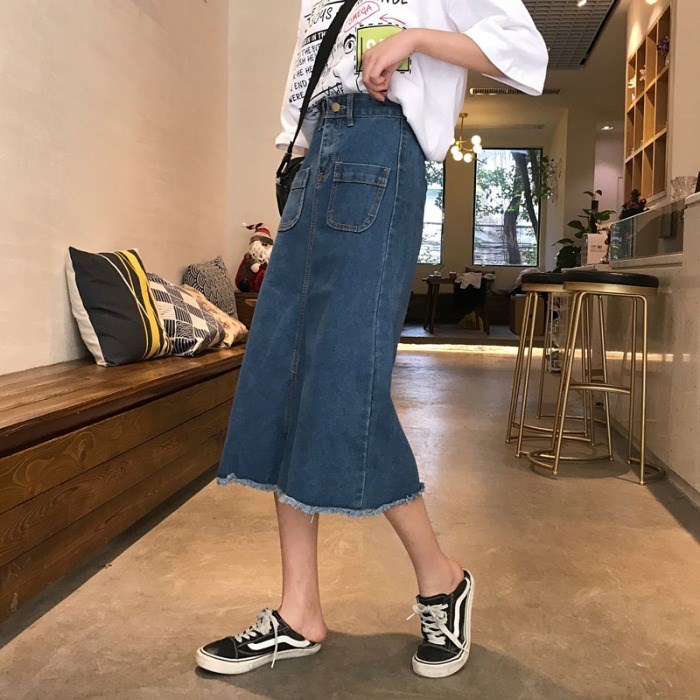 中长款前开叉毛边牛仔半身裙女春季新款韩版高腰显瘦A字包臀裙子|ruв категории Женская одежда, юбка - от Buy2taobao.com для оказания профессиональной услуги покупки агента Taobao