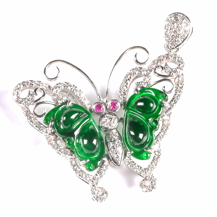 缅甸翡翠a货 18k镶嵌冰润满正阳绿蝴蝶吊坠 3.95克