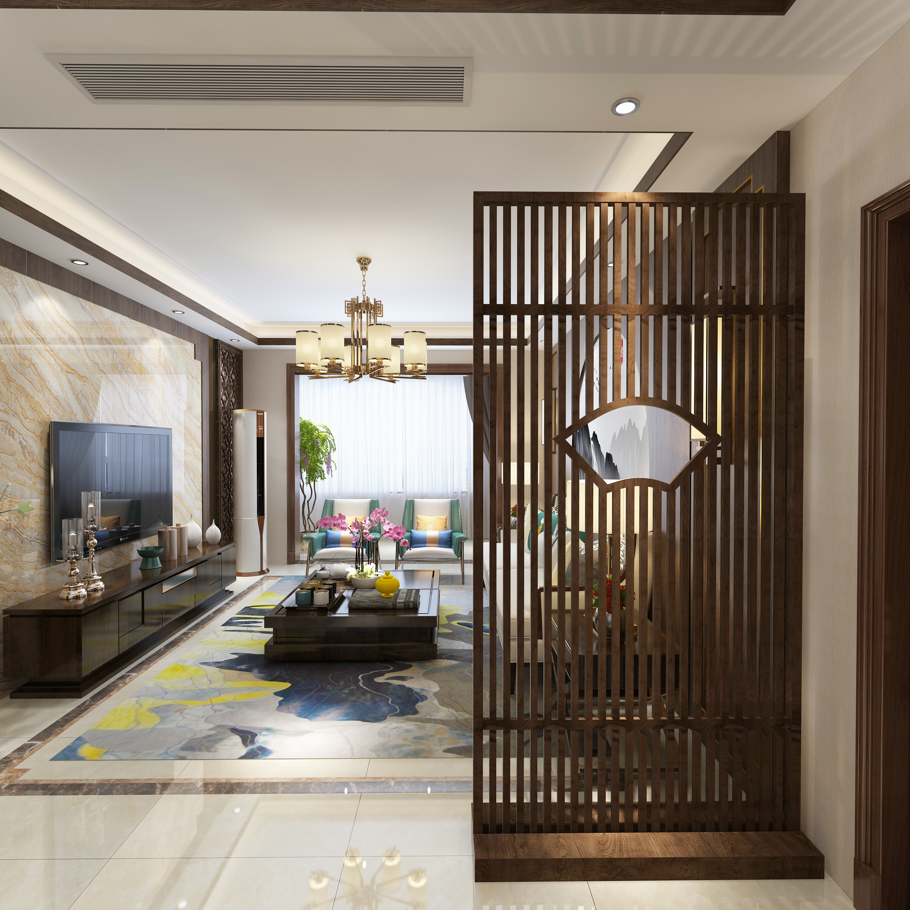 新中式屏风实木玄关隔断镂空客厅落地门简约现代通顶栅栏座屏定制