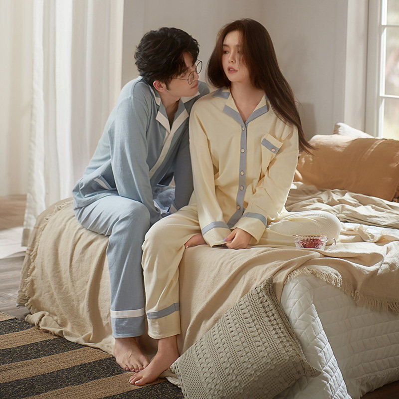 马克公主睡衣女春秋季纯棉高级感情侣装一男一女撞色可外穿家居服