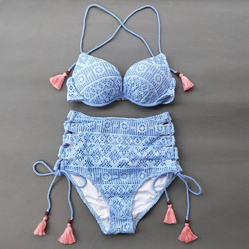 高腰遮肚流苏三点式泳衣女平胸小胸钢托泳装比基尼聚拢性感显胸大