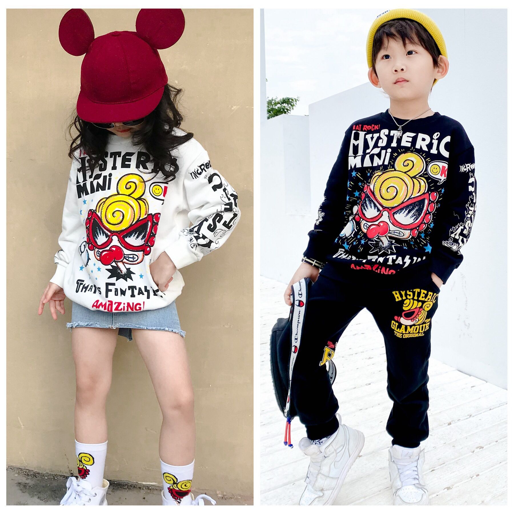 冬季潮牌童装黑超奶嘴儿童加绒卫衣男女童卡通洋气加厚保暖上衣