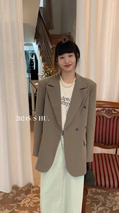 HU韩版2024春季新款设计感复古阔版宽松西装外套时髦气质西服女