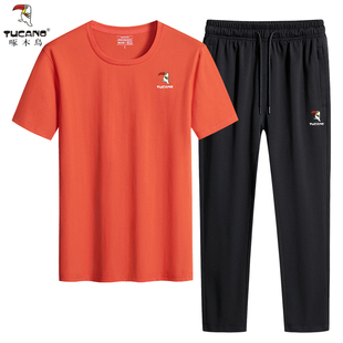 啄木鸟休闲套装男夏季纯棉短袖t恤长裤两件套跑步运动服爸爸夏装