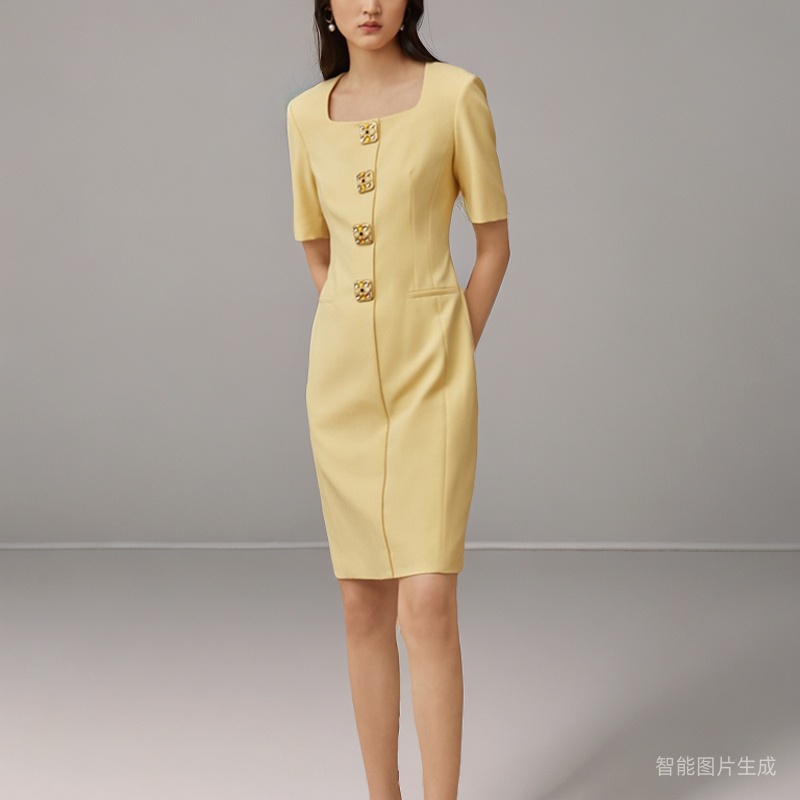 SongofSong歌中歌女装2023夏新款优雅藤黄色纽扣方领短袖连衣裙子