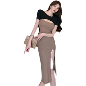 Live shooting! New style temperament hollow split slim dress sexy slim dress