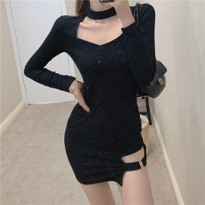 Live shooting! New fashion square collar irregular cut glittering slim bag hip care machine dress