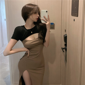 Live shooting! New style temperament hollow split slim dress sexy slim dress