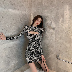 Real shooting new zebra print round neck careful machine exposed chest fold slim bottomed dress