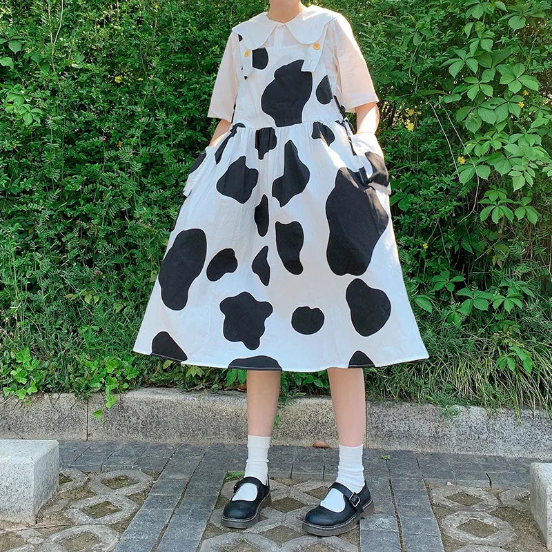 日系软妹风童趣可爱奶牛印花背带连衣裙少女初高中学生夏季裙子萌