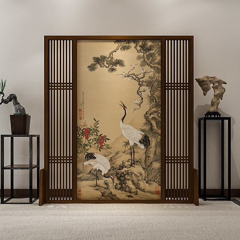 新中式禅意实木屏风客厅移动隔断镂空挡煞玄关古风座屏松鹤延年优惠券
